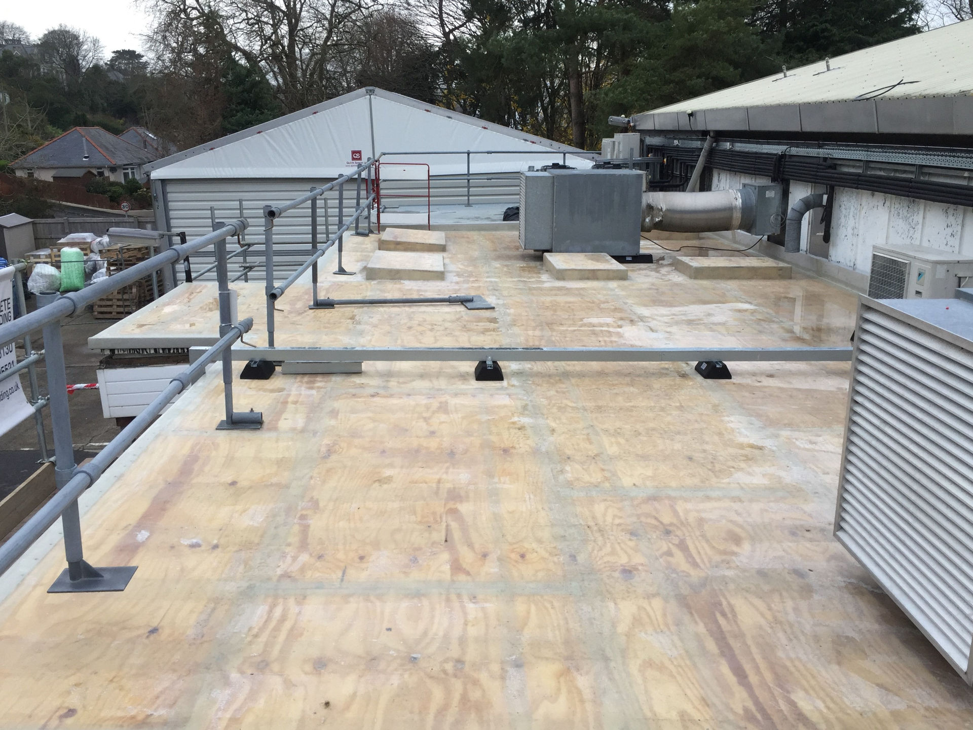 Safety measures put in place, a Key clamp hand rail installed around the outside to prevent falling, also a scaffolding crash deck in North Devon.