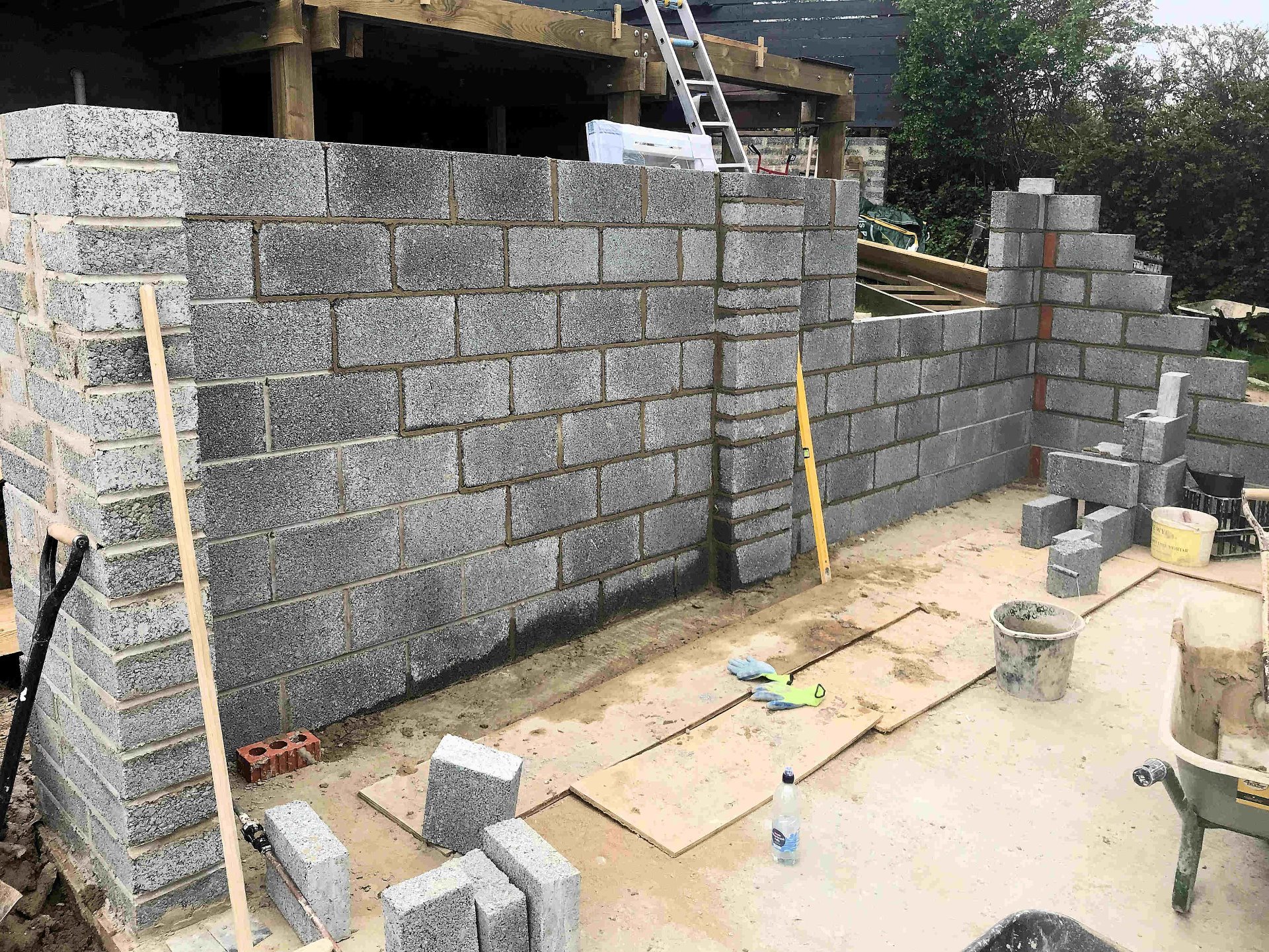 Garage block walls construction, 225mm block pillar construction on main openings and central pillars. North Devon