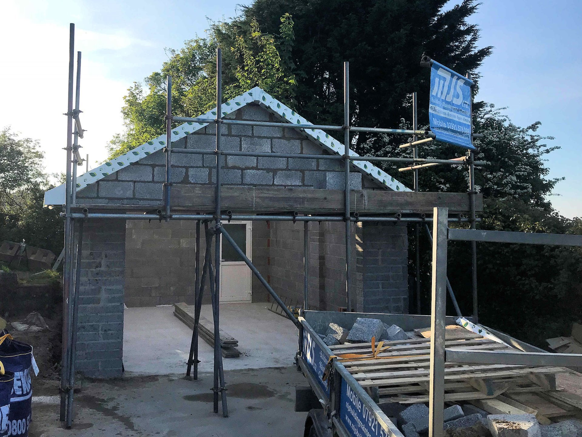 Garage roof gable end block work completed, North Devon
