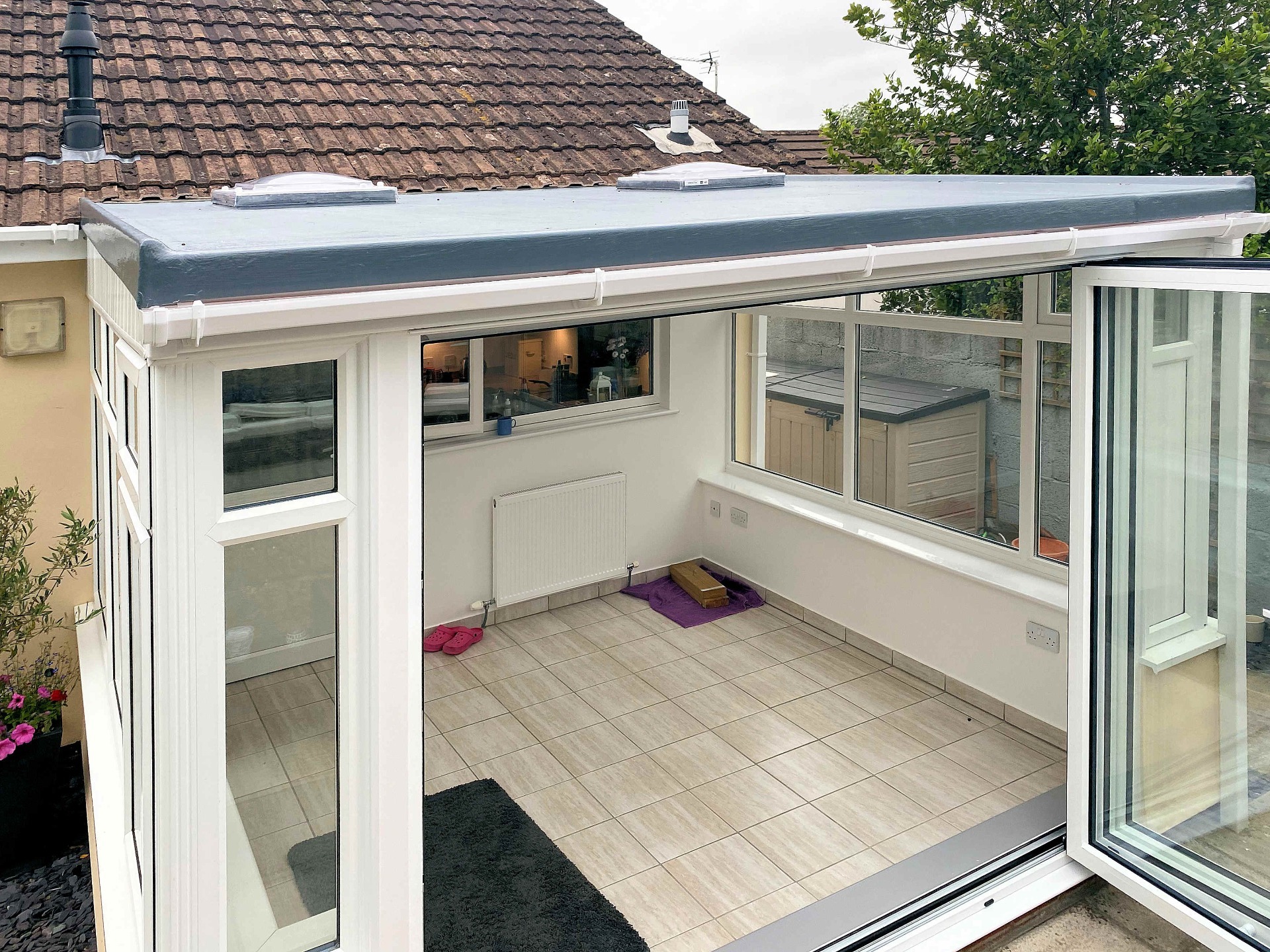 Completed fibreglass roof with skylights. Conservatory. Barnstaple North Devon